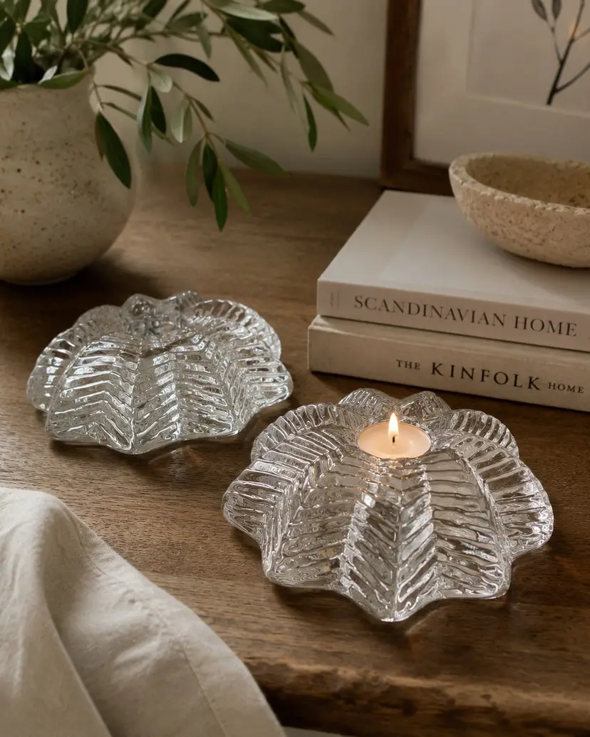 Vintage Viking Dalzell Glass Candle Holders Scandinavian Modern Clear Glass Mid Century 5 Point Star -Set of 2