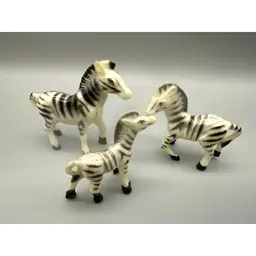 Miniature Zebra Figures Vintage Hard Plastic Set Of 3 Hand Painted Safari Minis