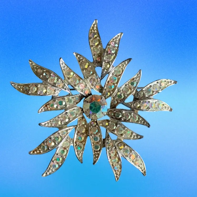 #01 Vintage Sarah Coventry Silver Tone AB Rhinestones Flower Brooch