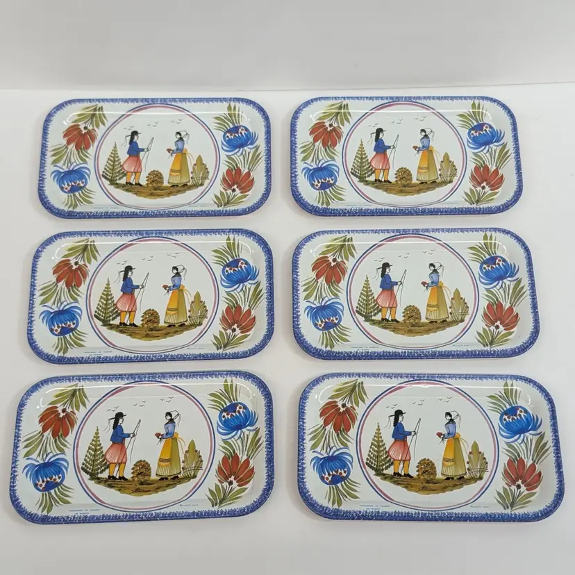 Vintage Set of 6 Henriot Quimper Metal Tin Tray Massilly France Pastoral Folk Scene