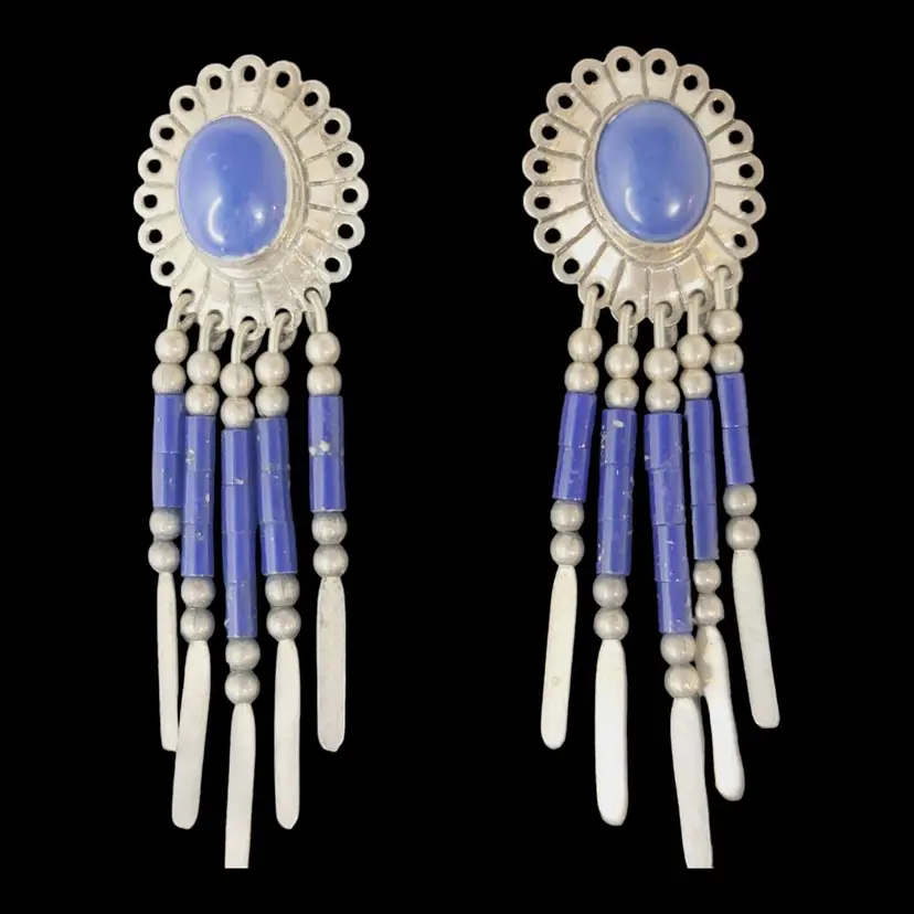 Southwest Concho Lapis Lazuli Dangle Earrings .925 Sterling Silver