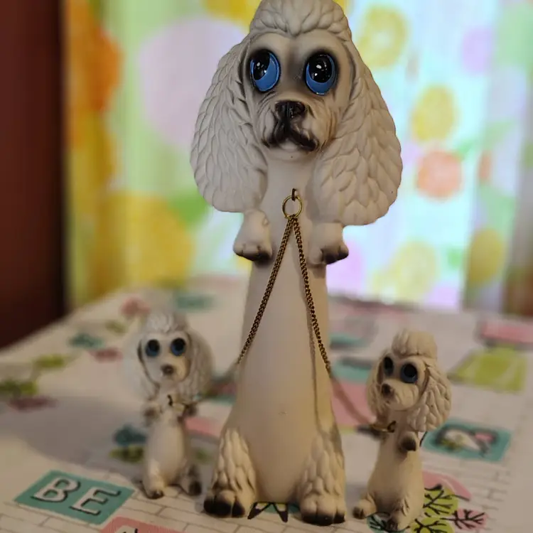Vintage Tall Poodle Family Figurine Set | Kitschy Mid Century Poodles | Fun & Stylish Mama Dog and Puppies | 1960s HOLMAR | Made in Japan