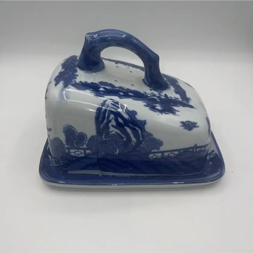 Vintage Victoria Ware Ironstone Blue Japanese Scene Cheese Keeper 2 Pc