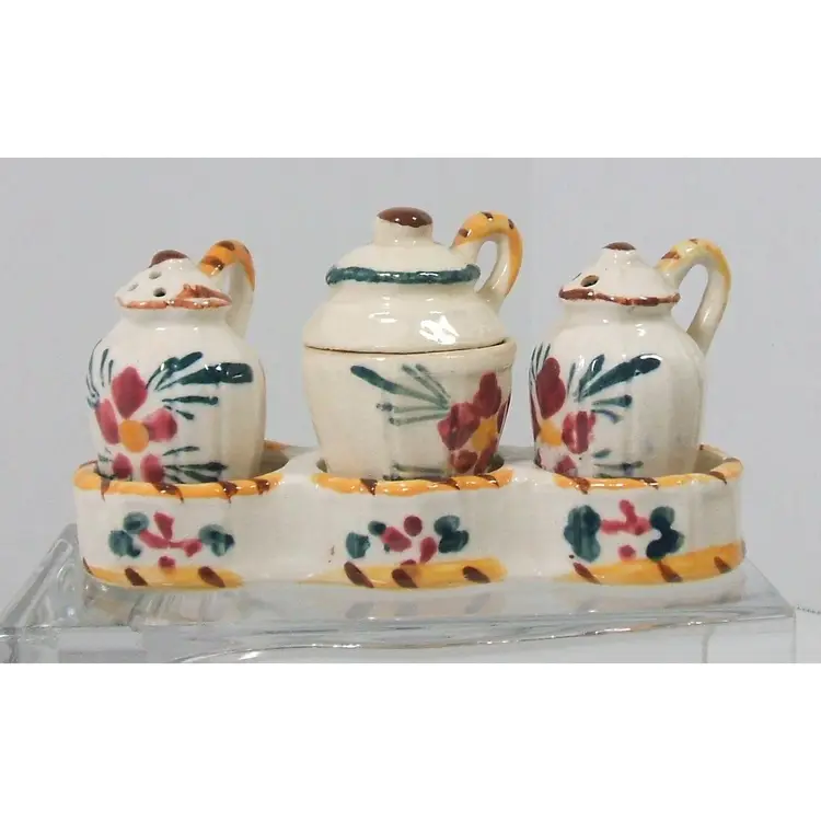 NASCO Pottery Vintage Salt, Pepper, Sugar/Spice Bowl in Tray Japan