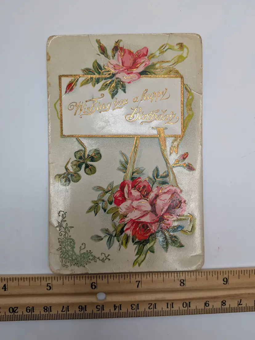 E31. ANTIQUE POSTCARD POSTMARKED 1912 WISHING YOU A HAPPY BIRTHDAY GOLD EMBOSSED FLORALS GREEN 1¢ STAMP