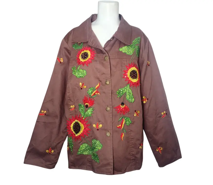 Tapestry Patch Sequin Embroidered Sunflower Jacket Size XL Bees Art to Wear