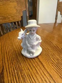 Vintage GOT Ceramic Figure White trimmed with gold. Boy & donkey Basket Flower