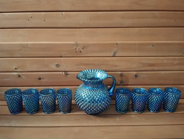 Fenton 8" Glass Large Blue Iridescent Pitcher with Handle & 8 Glasses 1992