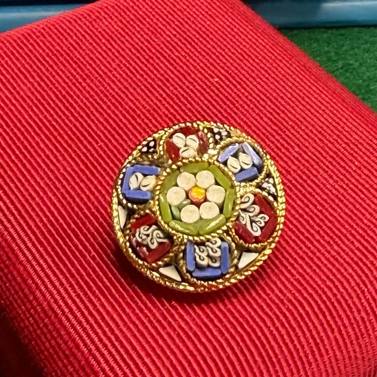 Vintage Italian Micro Mosaic Brooch Pin Round Floral Small 7/8” Gold Tone