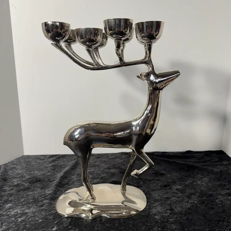 Vintage Brass Reindeer 8 Antler Candle Holder Candelabra 13.5” Tall