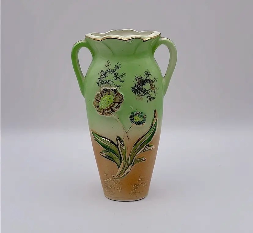 Vintage, Light Green/ Light Orange, Ceramic Vase, Florals/Leaves, Handles, Gold Accents. Very sweet!