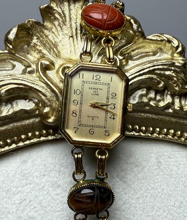 Kenneth Jay Lane Women's Egyptian Scarab Gemstones Quartz Watch Gold Tone READ