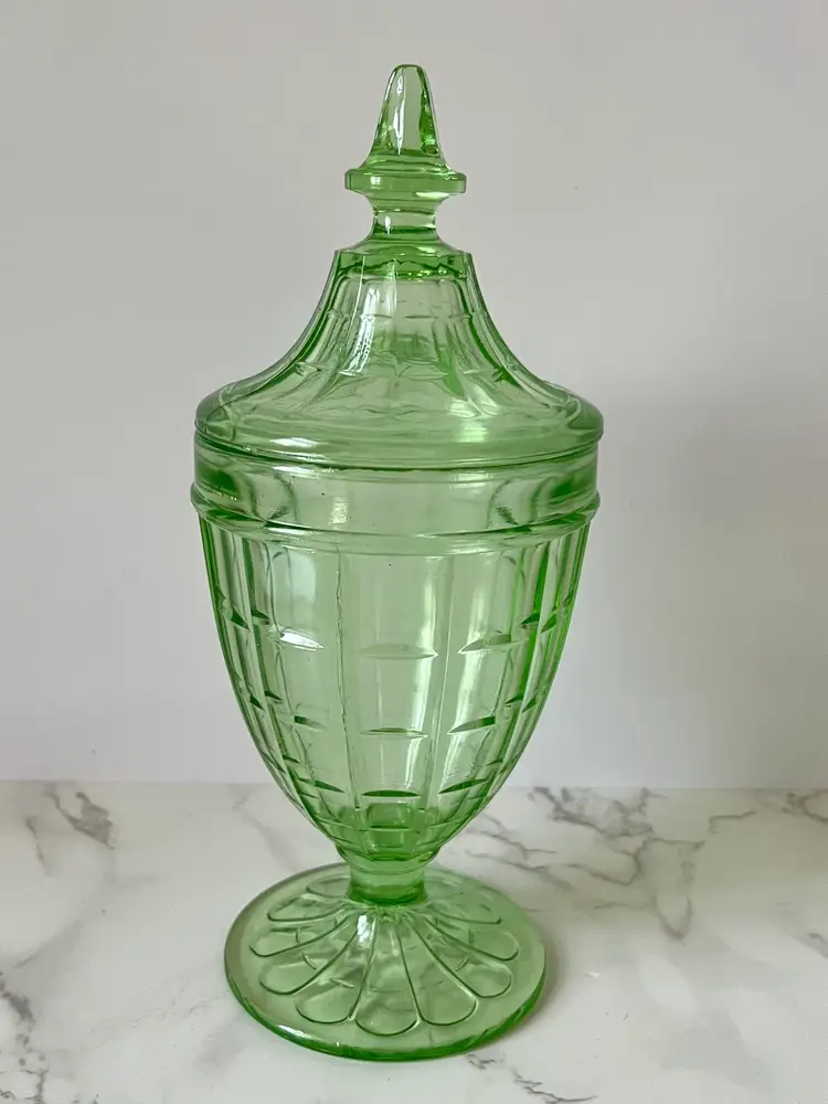 Vintage Uranium Glass Lidded Candy Dish Colonial Block Jeanette Glass