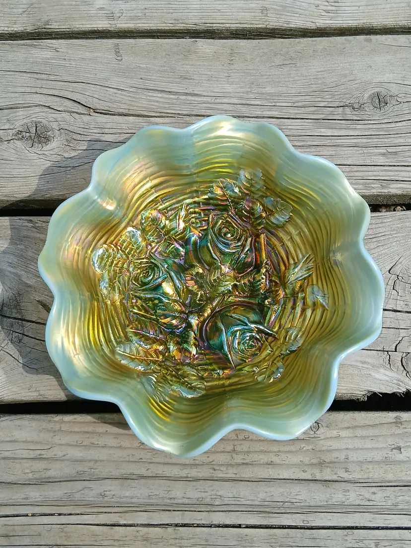 Antique Northwood Aqua Opal Rose Show Carnival Glass Ruffled Bowl