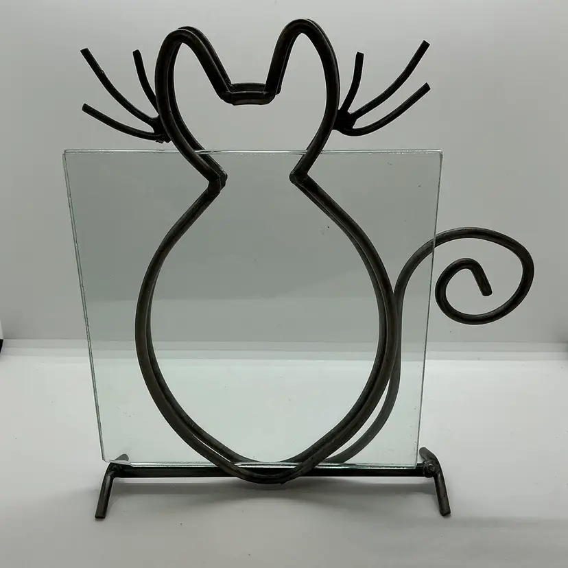 Vintage Metal MCM Cat Kitten Feline Glass Photo Frame Table Home Decor