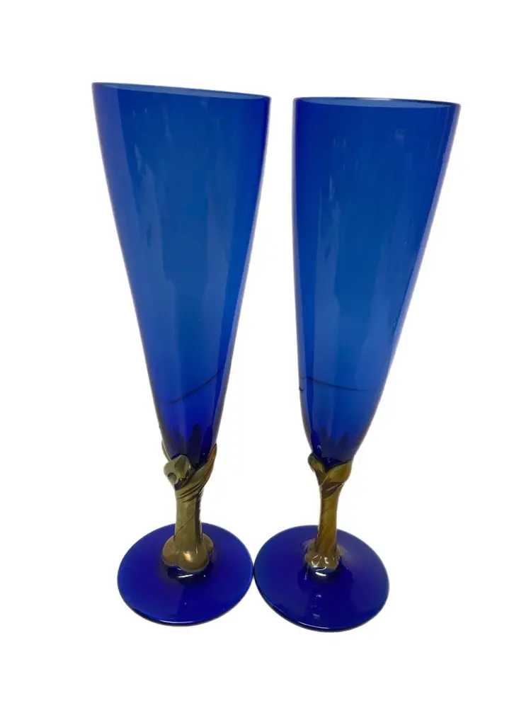 #7 GG . Fantastic Blown ART Glass Champagne Flutes Unknown Maker