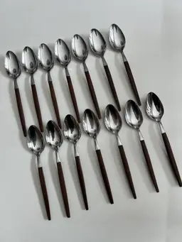 Vintage Ecko Eterna Wood Handle MCM Spoons. (13) Silverware Flatware Forged Stainless MCM