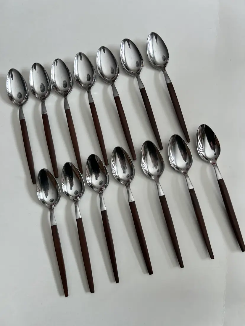 Vintage Ecko Eterna Wood Handle MCM Spoons. (13) Silverware Flatware Forged Stainless MCM