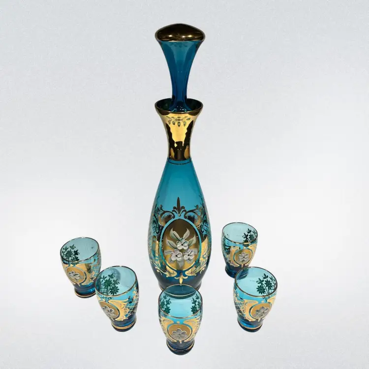 Vintage European Hand Blown Teal Glass Decanter and 5 Cordials- Gold Accents with Beautiful Applied Flowers- Decanter 11.25" Tall w/ Stopper, Glasses- 2.5" tall