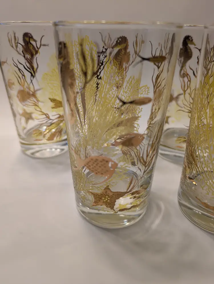 Bartlett Collins Under the Sea 22 ct gold Set of 6 Tumblers Barware 8 oz