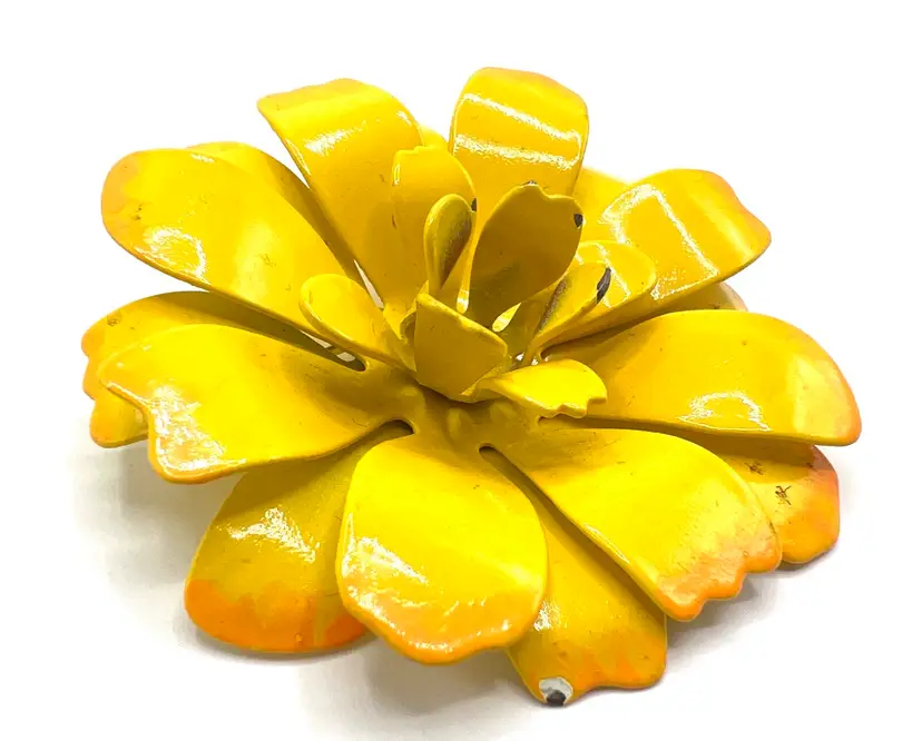Vintage Yellow Orange Flower Brooch, Yellow Enamel with Orange Edges, 2 1/2 Inch Statement Pin