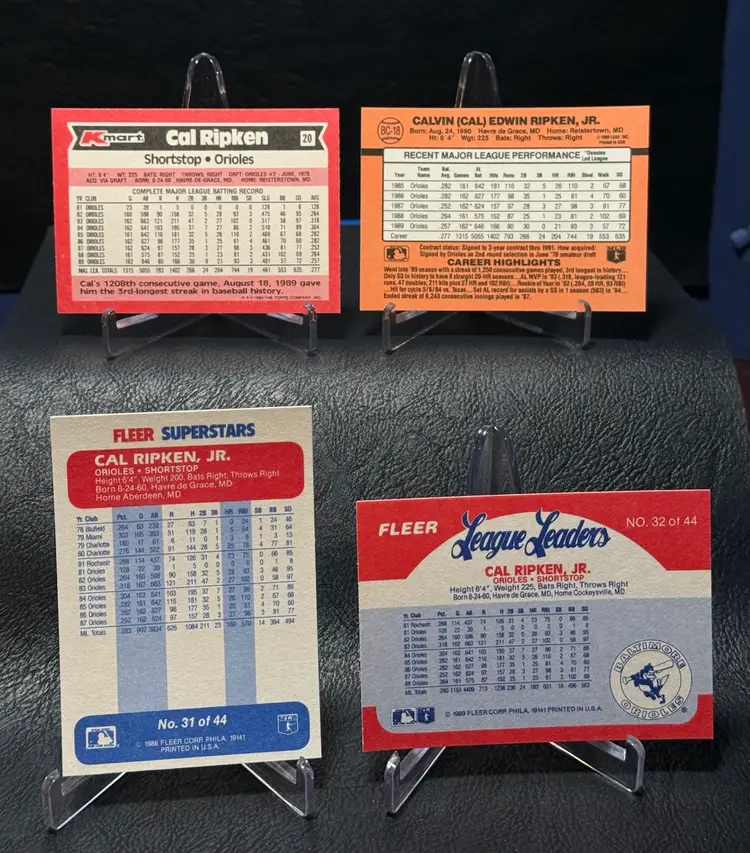CAL RIPKEN JR. 1990 TOPPS KMART DONRUSS MVP FLEER LEAGUE LEADERS 8 CARD LOT ORIOLES