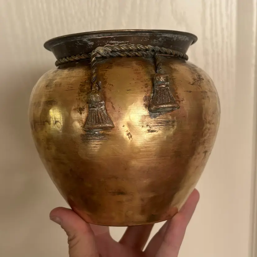 Vintage Hammered Brass Rope & Tassels Planter Pot
