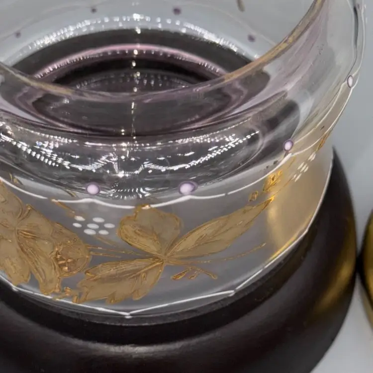 Antique Art Nouveau Frosted Glads Biscuit Jar Gold Enamel Floral Metal Lid Victorian