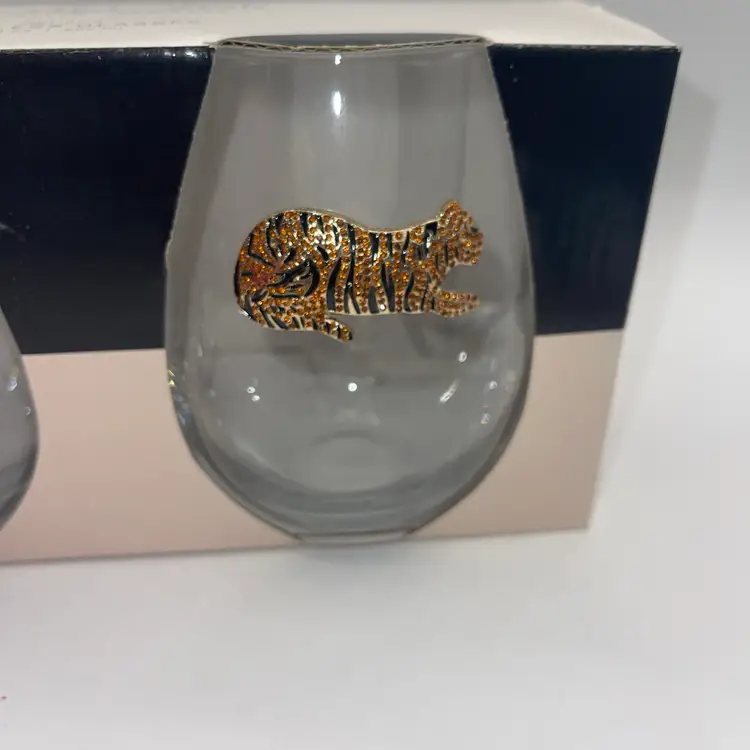 Rachel Zoe Set of 2 Tiger Jeweled Rhinestone 19 Oz Stemless Wine Glasses