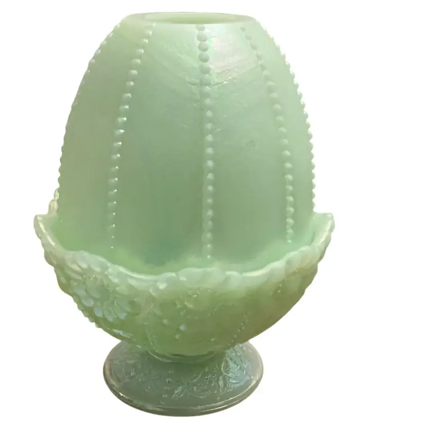 Fenton 2-piece 1990’s Beaded Melon Seafoam Colored Glass Fairy Light 6” X 4 1/4”