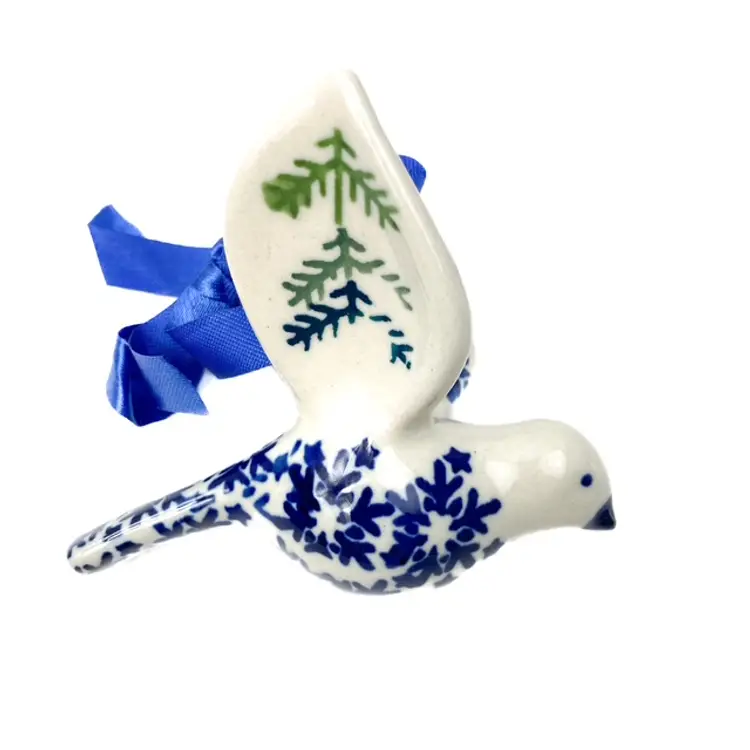 Polish Pottery Bird Holiday Christmas Ornament Prancing Reindeer Snowflakes Fir