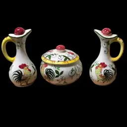 20. VTG Ucagco Rooster and Roses Condiment Jar with Lid &Condiment Shakers