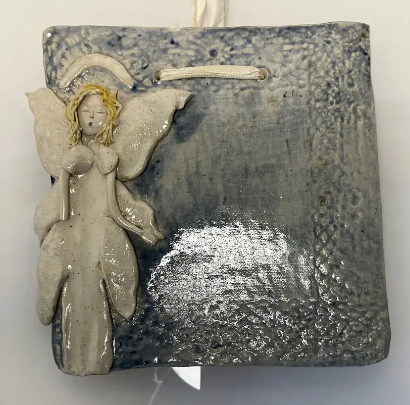 Vintage Handmade Pottery Plaque Decor Seraphim AS IS Jean Caveness Signed