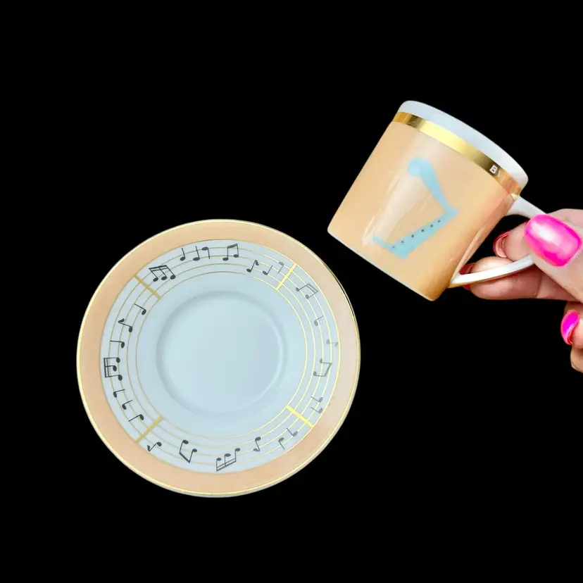 Bvlgari Rosenthal Espresso Cup & Saucer Set | “Concerto” Music Theme | Gold Rim Porcelain | Made in Germany | Collector’s Luxury