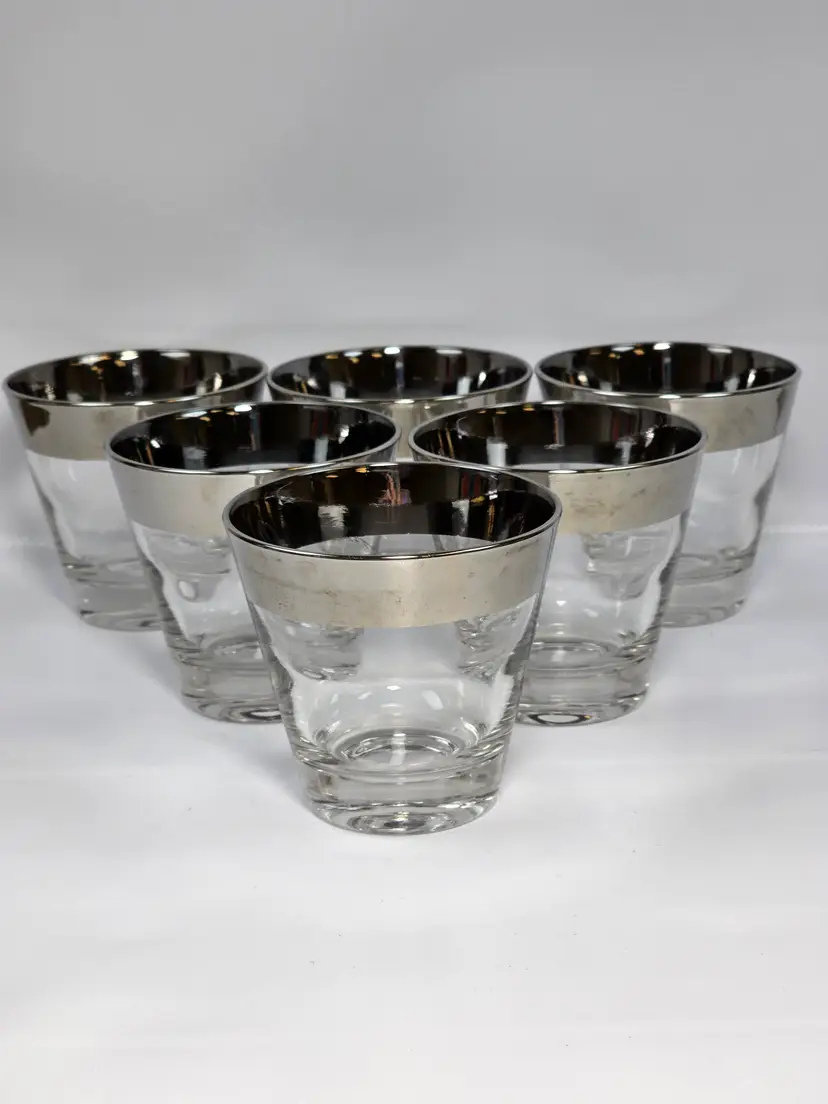 Vtg Dorothy Thorpe Style Silver Rim Lowball Glasses Set 6 Tapered Rocks MCM