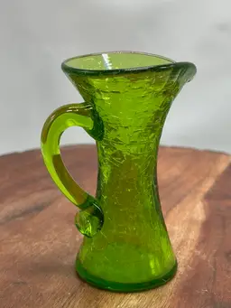 Mini Art Glass Crackle Green Glass Pitcher Hand Blown Applied Handle