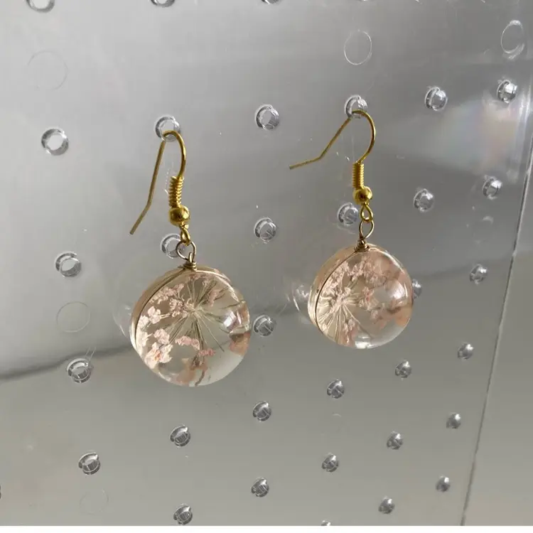 Wire Wrapped Real Flowers In Resin Drop Earrings 1970’s