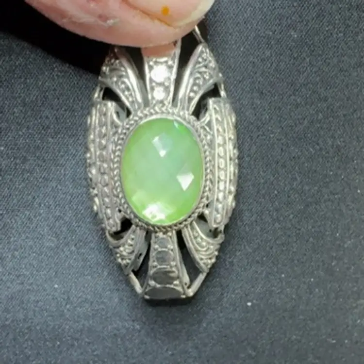 Sarda Sterling Silver Pendant with Green Fauceted Stone  - 2.5” x 1” With Bail