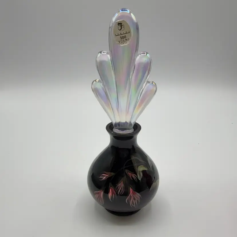 Fenton Hand Painted Irridecent Stopper Perfume Bottle Signed EL Anderson