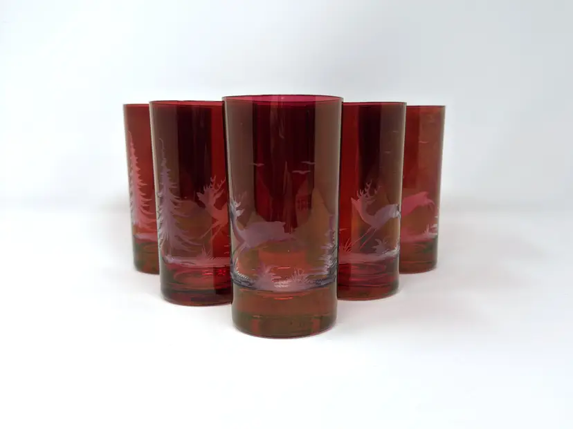 Red Flashed Austrian Glass Tumblers Set of 6, Etched Deer & Tree Motif, Rattenberg Tirol