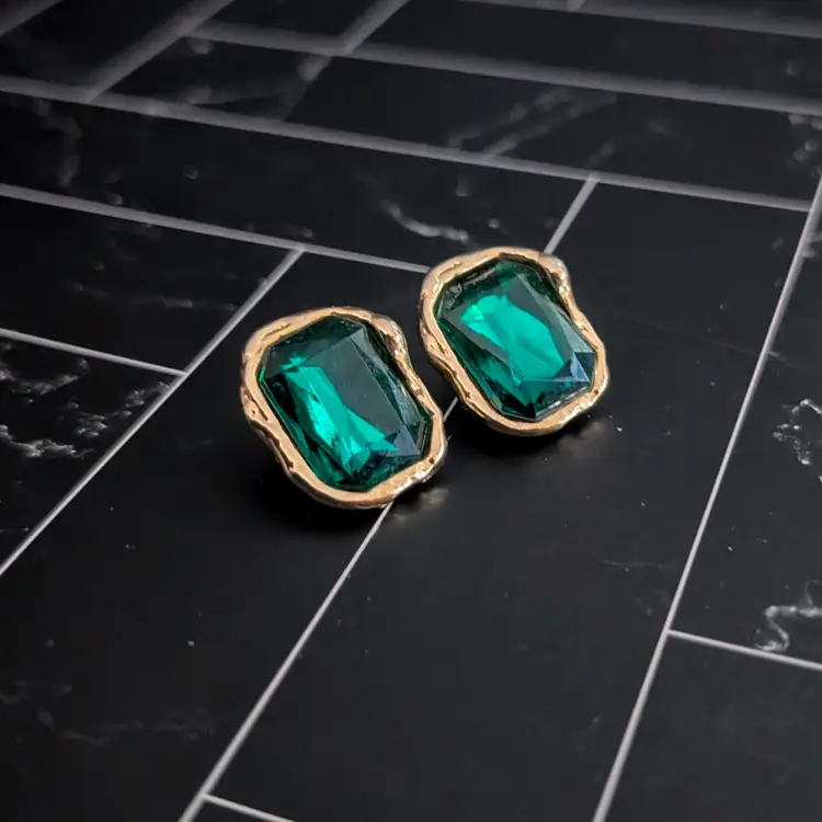 Vintage Stud Earrings Elegant Green Gem with Ornate Gold Tone Halo
