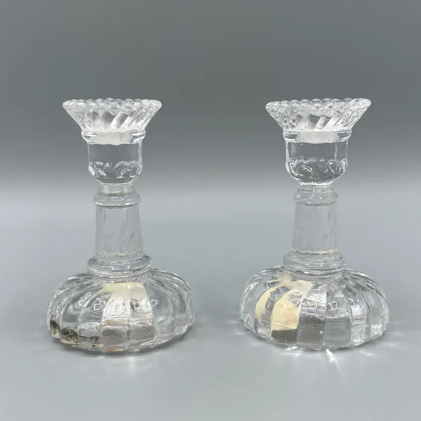 Vintage Biedermann Miniature Glass Candlestick Holders with Original Stickers - Set of 2