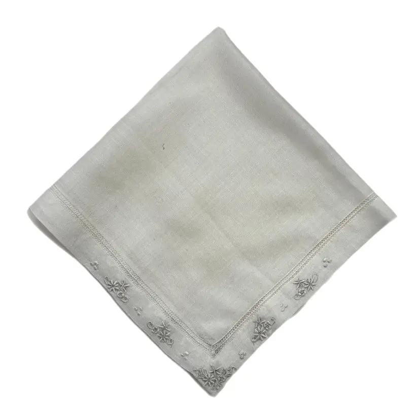 Embroidered Floral White Handkerchief Vtg Cottagecore Granny Mid Century Wedding Bride