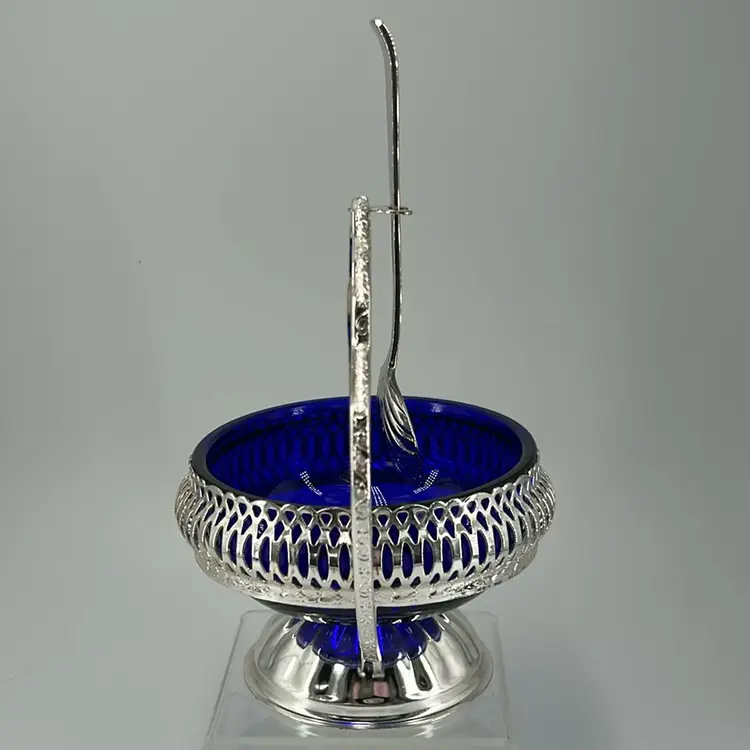 Martell And Company Queen Anne Silver Plated Blue Jam/sugar Bowl With Spoon