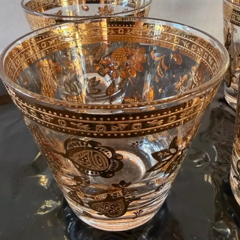 4-Vintage MCM Culver VALENCIA 1960s 22K GOLD Look. Whiskey Glasses