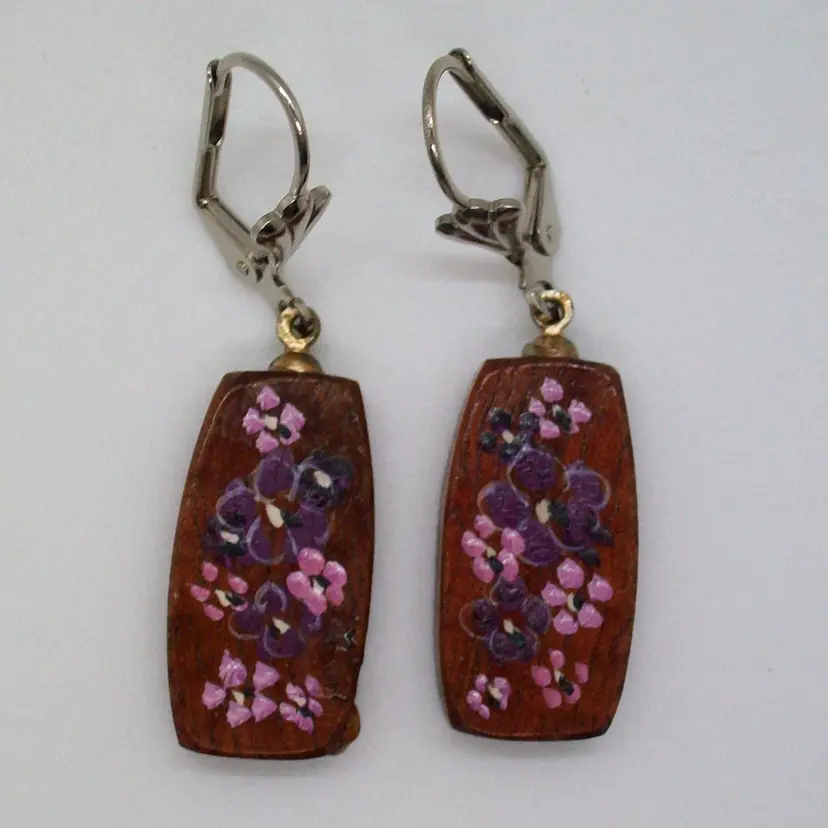 Vintage Handcrafted Hand Painted Purple Pink Violet Flower Blossoms Earrings on Koa Wood