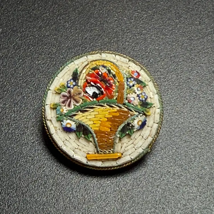 Antique Micro Mosaic Raised Flower Basket Brooch Pin Italy C Clasp Gold Tone Vtg