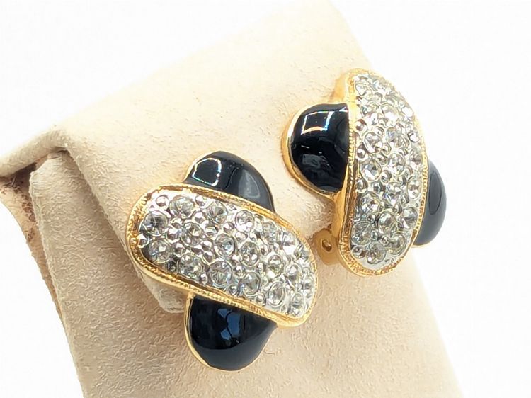 Vintage Gold Tone Rhinestone X Cross Black Enamel Clip On Earrings