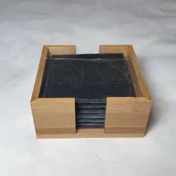 6pc BLKSmith Real Slate Stone Coasters Set 4" Square  w/ Wooden Holder