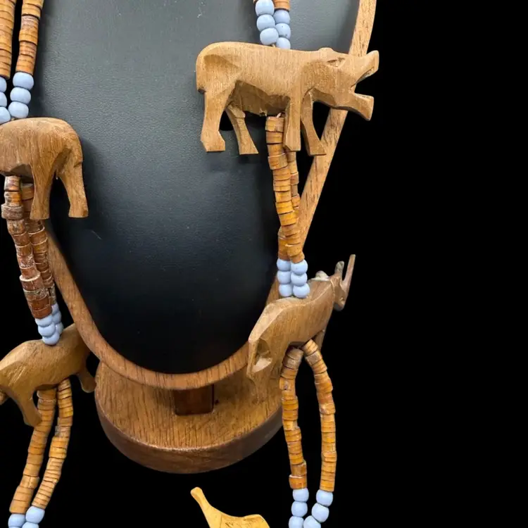 vintage, hand-carved wooden African animal beaded necklace